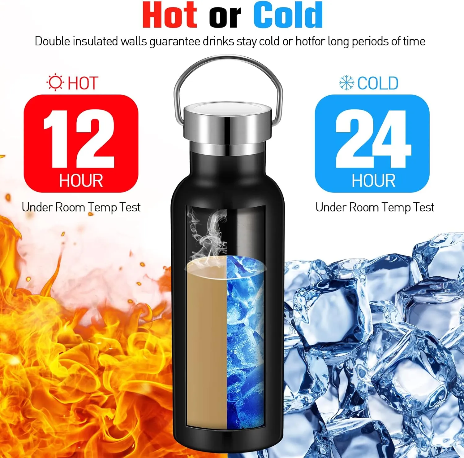 10 Pack 17oz Stainless Steel Sports Water Bottle Double Wall Insulated Bottle with Handle and Vacuum Seal Leakproof Lid for Cyclists Runners Hikers Beach Goers Picnics Camping Gift (Black)
