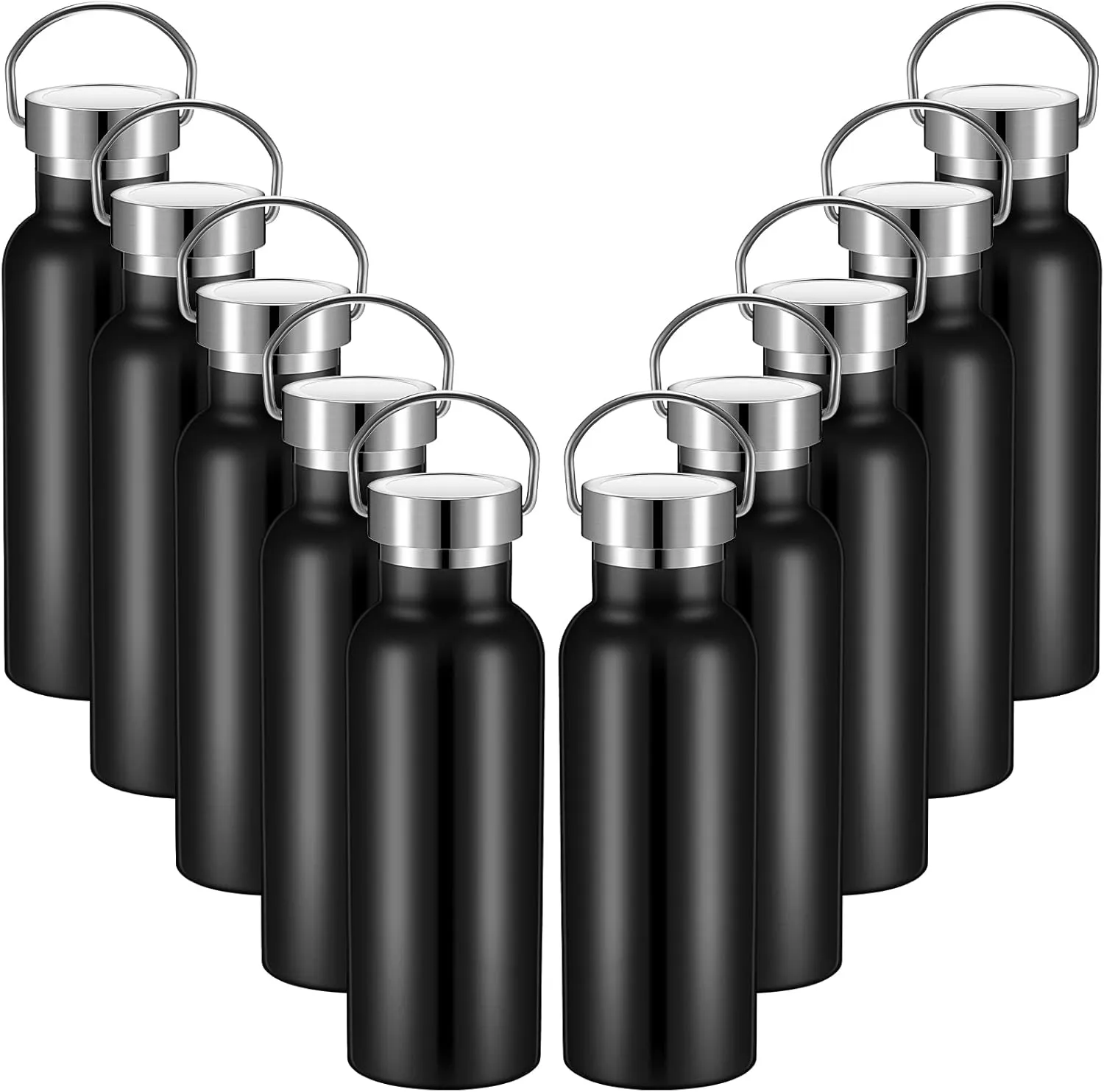 10 Pack 17oz Stainless Steel Sports Water Bottle Double Wall Insulated Bottle with Handle and Vacuum Seal Leakproof Lid for Cyclists Runners Hikers Beach Goers Picnics Camping Gift (Black)