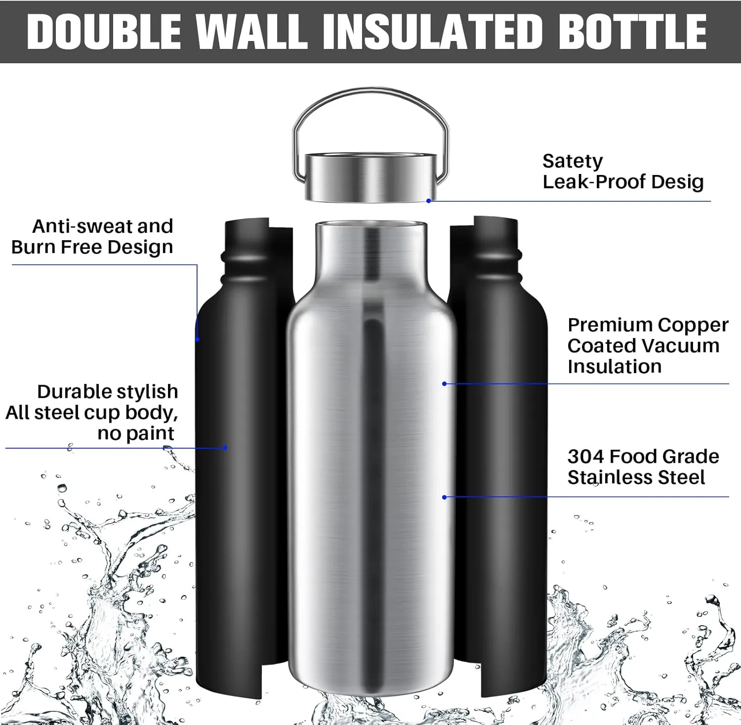 10 Pack 17oz Stainless Steel Sports Water Bottle Double Wall Insulated Bottle with Handle and Vacuum Seal Leakproof Lid for Cyclists Runners Hikers Beach Goers Picnics Camping Gift (Black)