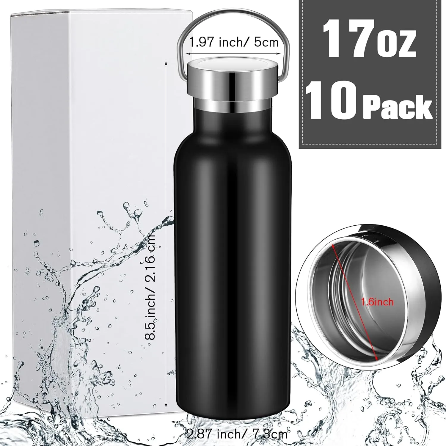 10 Pack 17oz Stainless Steel Sports Water Bottle Double Wall Insulated Bottle with Handle and Vacuum Seal Leakproof Lid for Cyclists Runners Hikers Beach Goers Picnics Camping Gift (Black)