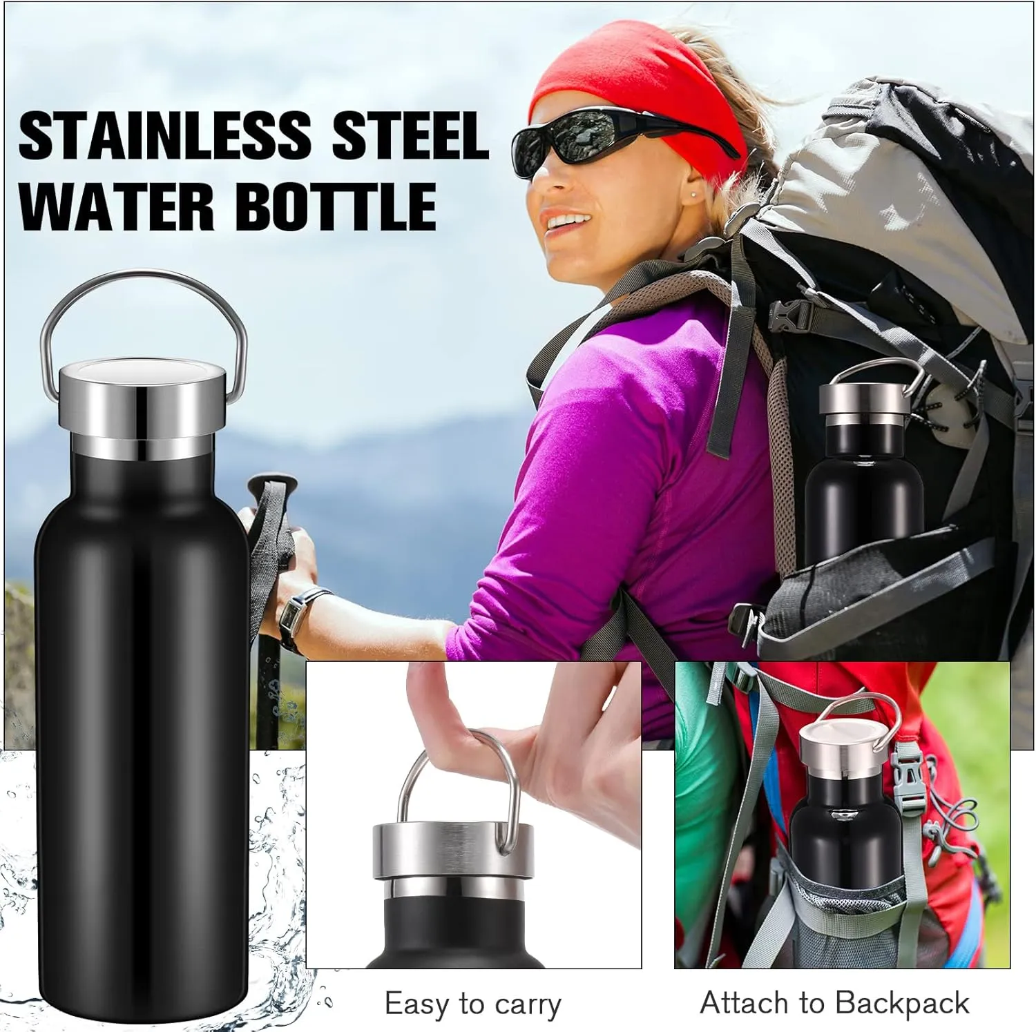 10 Pack 17oz Stainless Steel Sports Water Bottle Double Wall Insulated Bottle with Handle and Vacuum Seal Leakproof Lid for Cyclists Runners Hikers Beach Goers Picnics Camping Gift (Black)