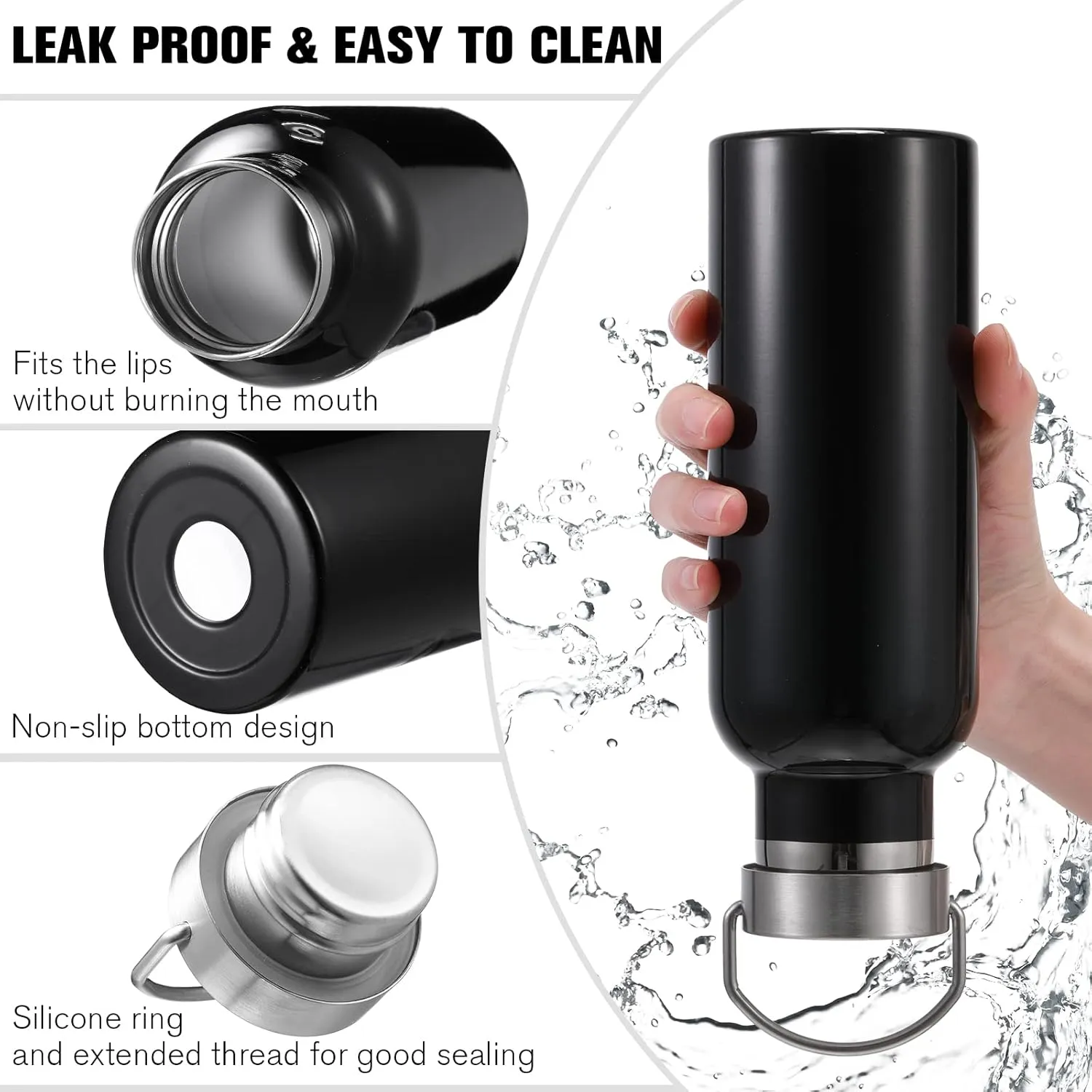 10 Pack 17oz Stainless Steel Sports Water Bottle Double Wall Insulated Bottle with Handle and Vacuum Seal Leakproof Lid for Cyclists Runners Hikers Beach Goers Picnics Camping Gift (Black)