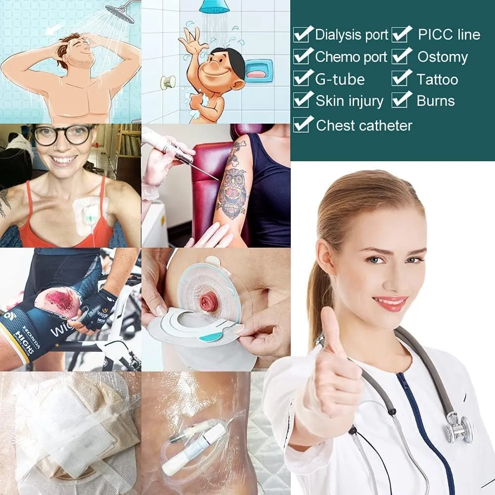 10.2"x10.2" Waterproof Dialysis Port Shower Covers Protector for Chest with No Glue On The Center, PICC Line Chest Port Shield Island Bandage Dressing Accessories, Pack of 25