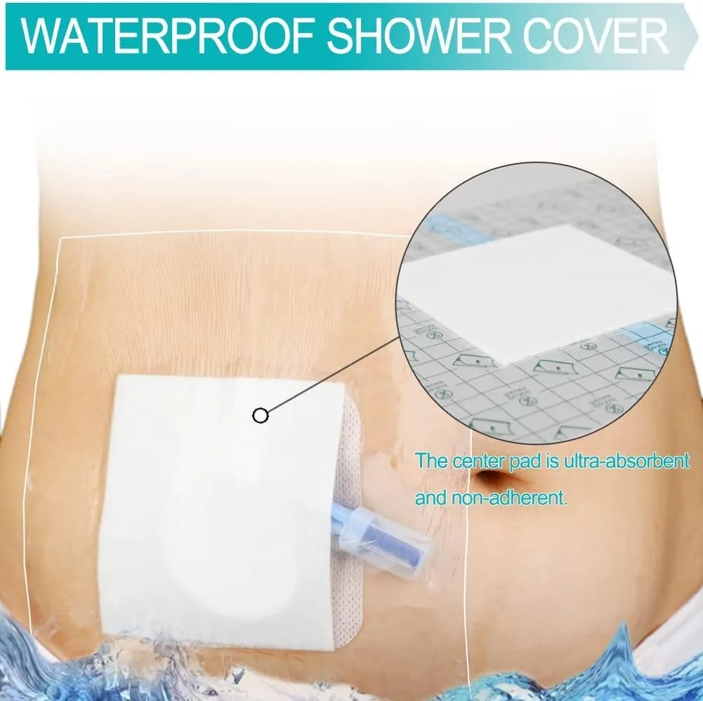 10.2"x10.2" Waterproof Dialysis Port Shower Covers Protector for Chest with No Glue On The Center, PICC Line Chest Port Shield Island Bandage Dressing Accessories, Pack of 25