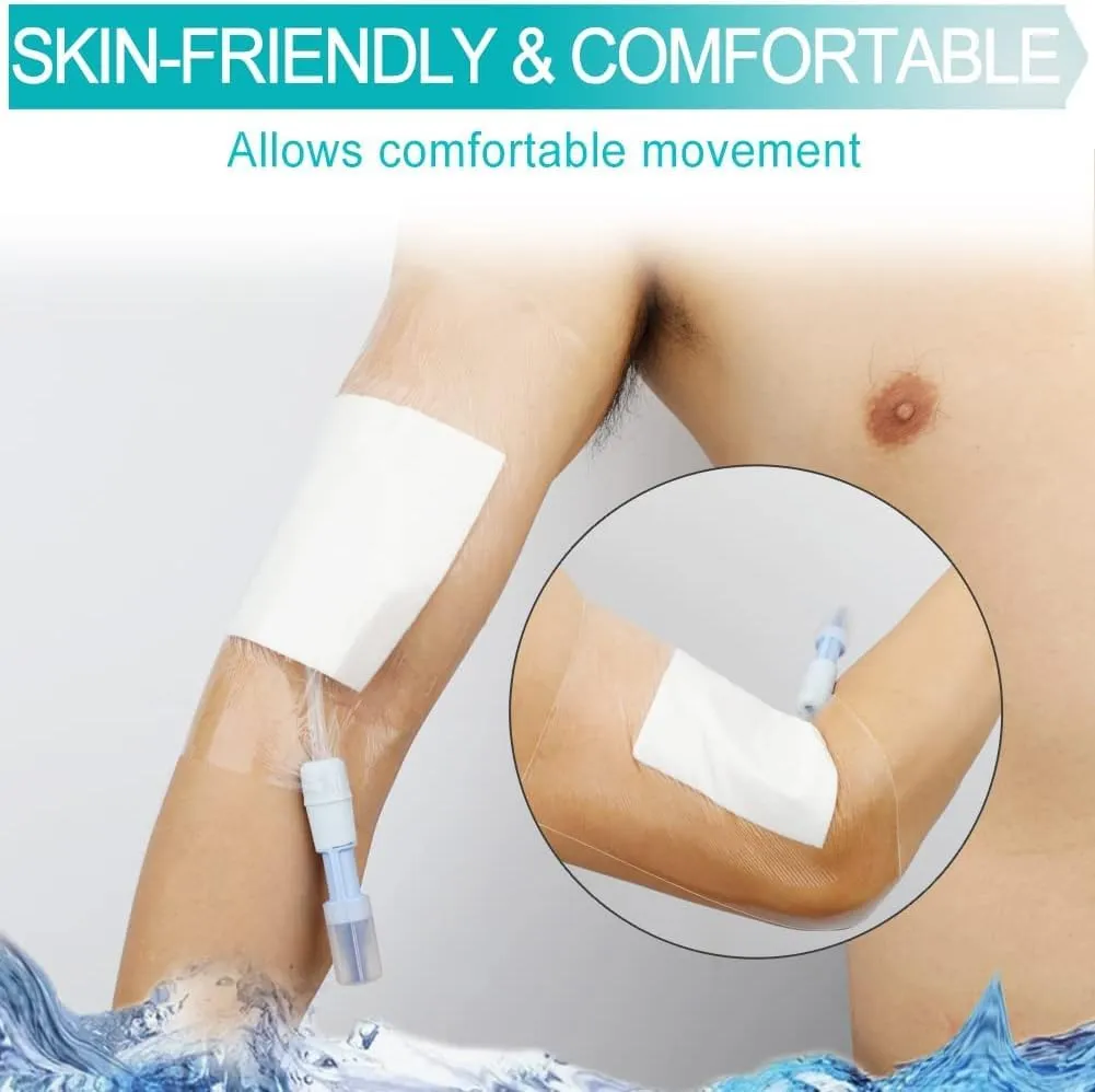 10.2"x10.2" Waterproof Dialysis Port Shower Covers Protector for Chest with No Glue On The Center, PICC Line Chest Port Shield Island Bandage Dressing Accessories, Pack of 25