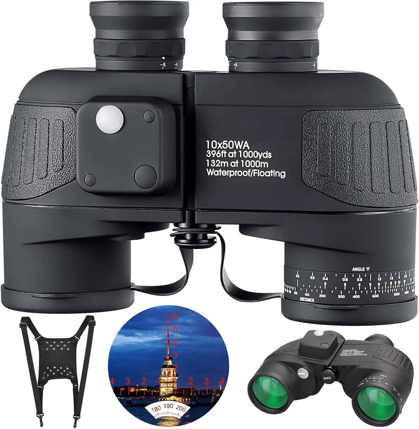 10x50 Marine Binoculars with Rangefinder for Adults - IPX7 Waterproof BAK4 Prism FMC Lens Binoculars with Compass and Shoulder Harness Strap for Navigation Hunting Bird Watching