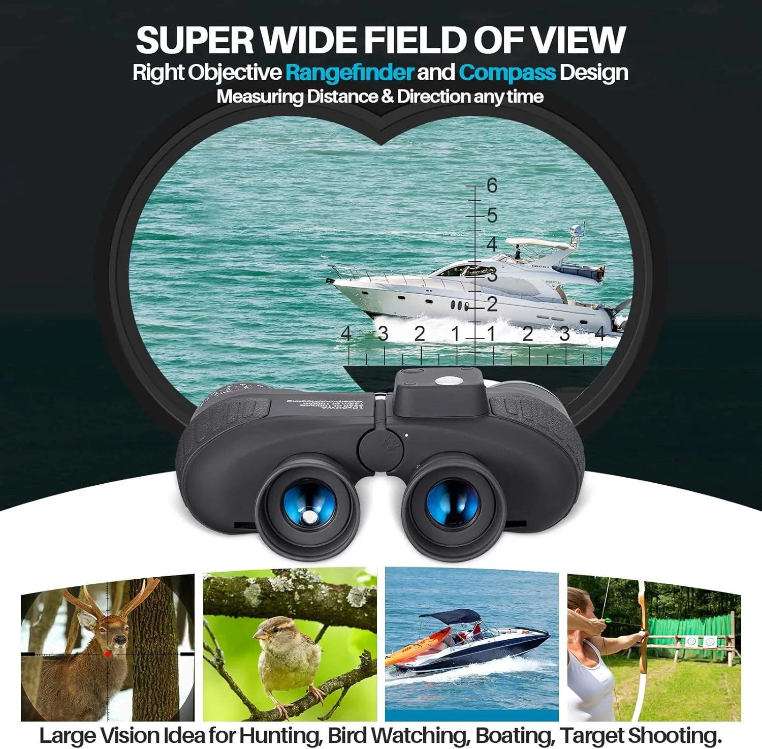 10x50 Marine Binoculars with Rangefinder for Adults - IPX7 Waterproof BAK4 Prism FMC Lens Binoculars with Compass and Shoulder Harness Strap for Navigation Hunting Bird Watching