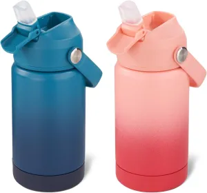 12 oz Water Bottle, 2 pack Kids Water Bottles for School, Toddler Water Bottle with Straw & Handle, 304 Stainless Steel Insulated Water Bottle, BPA Free, Gradient Blue Gradient Red