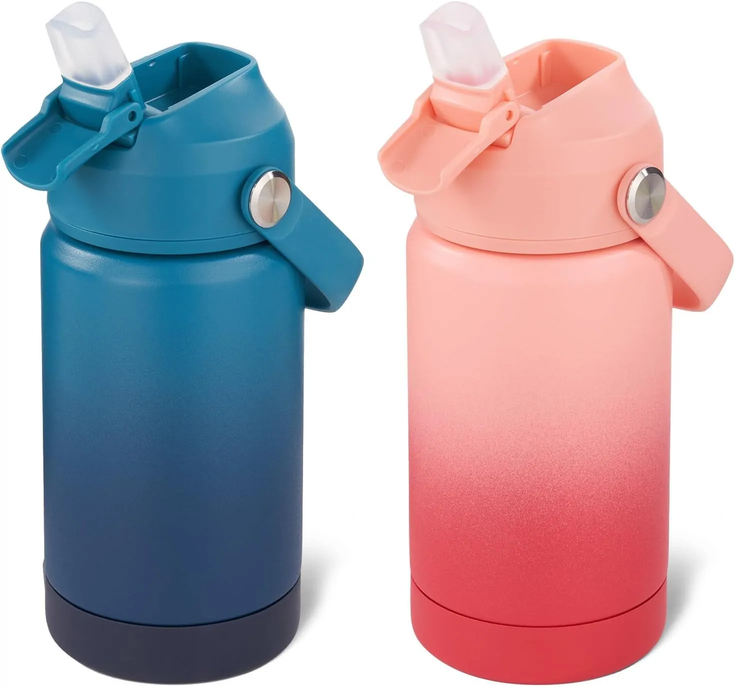 12 oz Water Bottle, 2 pack Kids Water Bottles for School, Toddler Water Bottle with Straw & Handle, 304 Stainless Steel Insulated Water Bottle, BPA Free, Gradient Blue Gradient Red