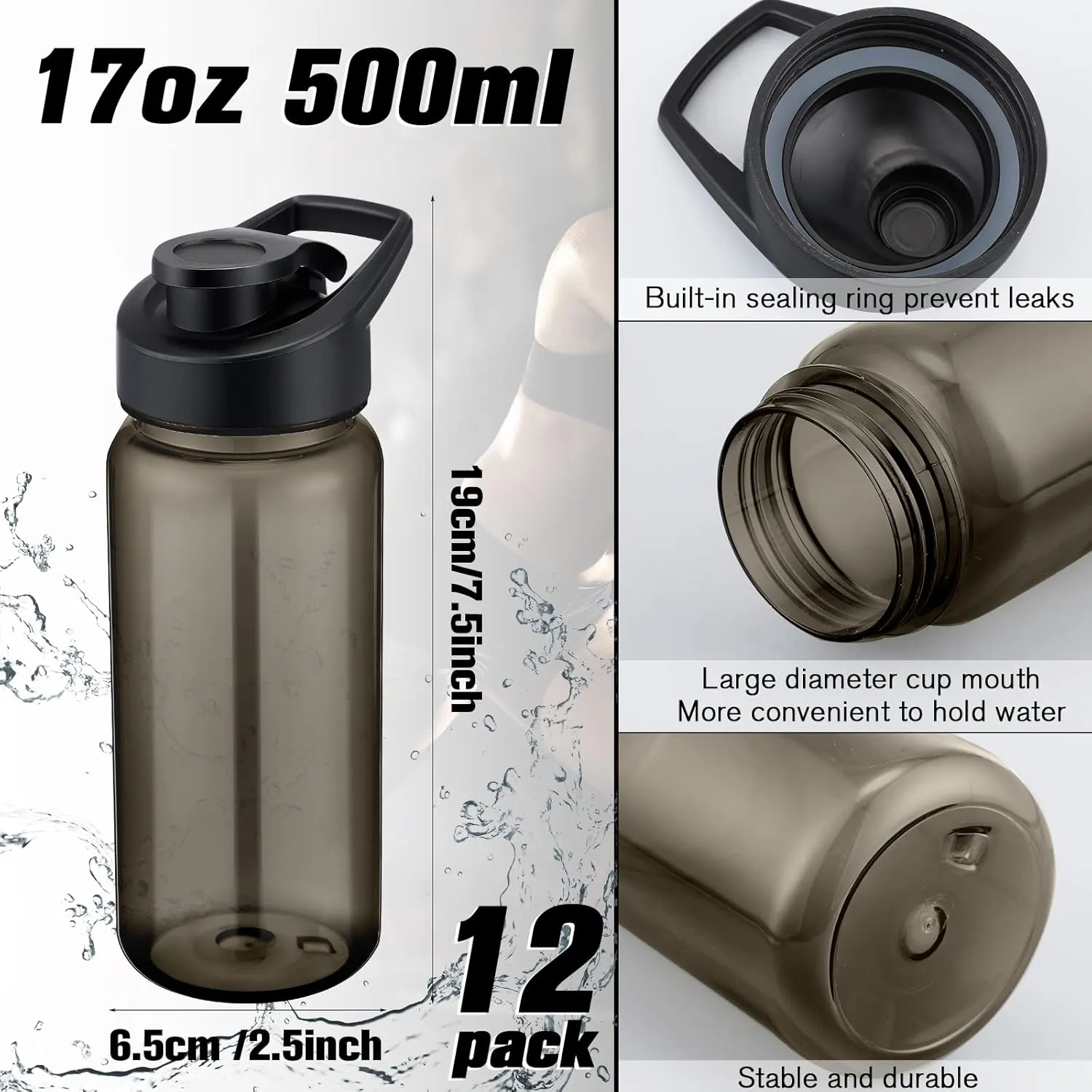 12 Pcs Plastic Sports Bottles 17 oz Reusable Water Bottles Bulk Portable Sports Drink Cups Pack with Handle for Kids Adults School Teams Gym Hike Camping Cycling(Grey)