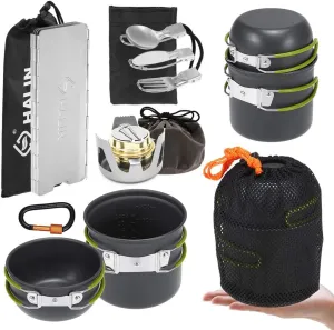 13PCS Camping Cookware Mess Kit Alcohol Stove Cooking Pot Windshield Cookset Folding Fork Cutter Spoon Carabiner Camping Hiking