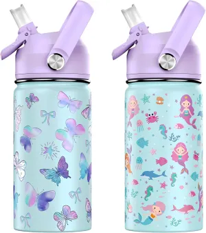 14oz Kids Insulated Water Bottle with Straw Lid - 18/8 Stainless Steel Kid Cup Travel Tumbler Double Wall Vacuum Leak Proof Portable Toddler Water Bottle (Butterfly Mermaid）