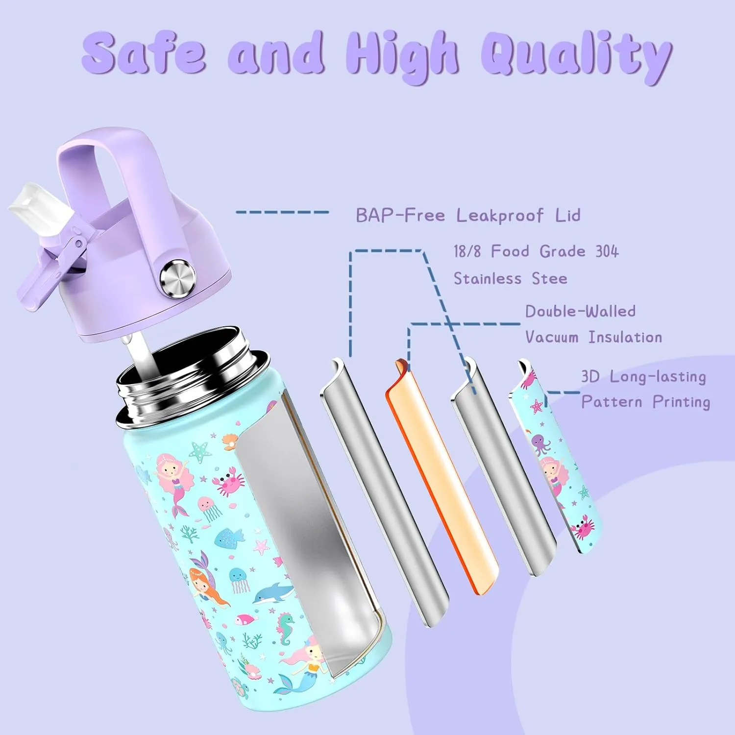 14oz Kids Insulated Water Bottle with Straw Lid - 18/8 Stainless Steel Kid Cup Travel Tumbler Double Wall Vacuum Leak Proof Portable Toddler Water Bottle (Butterfly Mermaid）