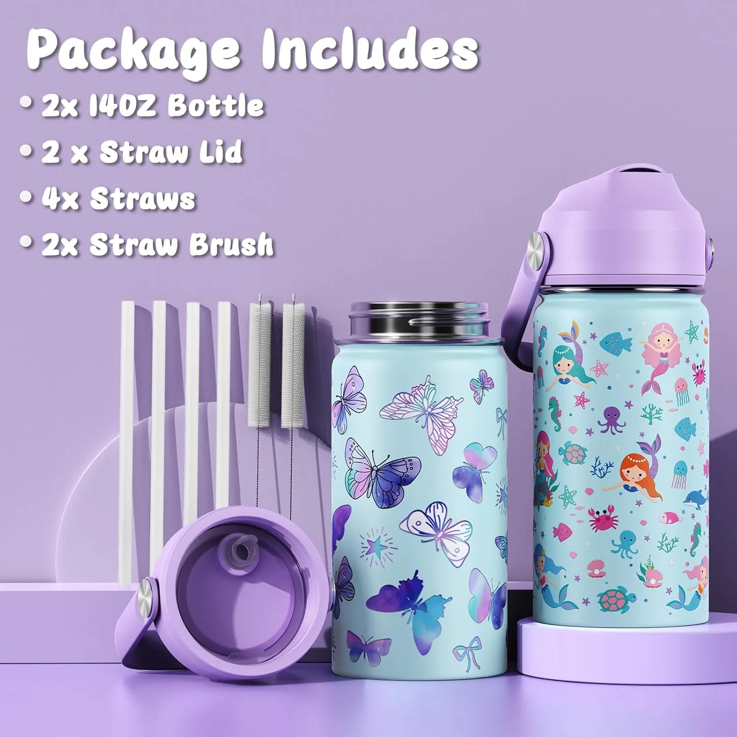 14oz Kids Insulated Water Bottle with Straw Lid - 18/8 Stainless Steel Kid Cup Travel Tumbler Double Wall Vacuum Leak Proof Portable Toddler Water Bottle (Butterfly Mermaid）
