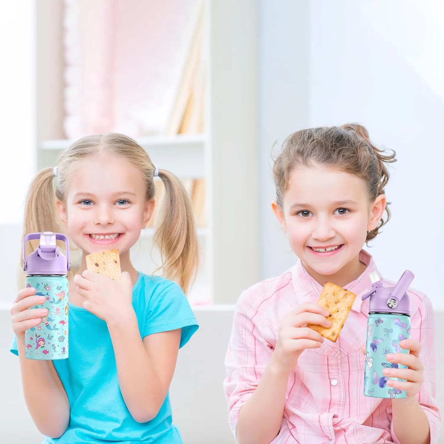 14oz Kids Insulated Water Bottle with Straw Lid - 18/8 Stainless Steel Kid Cup Travel Tumbler Double Wall Vacuum Leak Proof Portable Toddler Water Bottle (Butterfly Mermaid）
