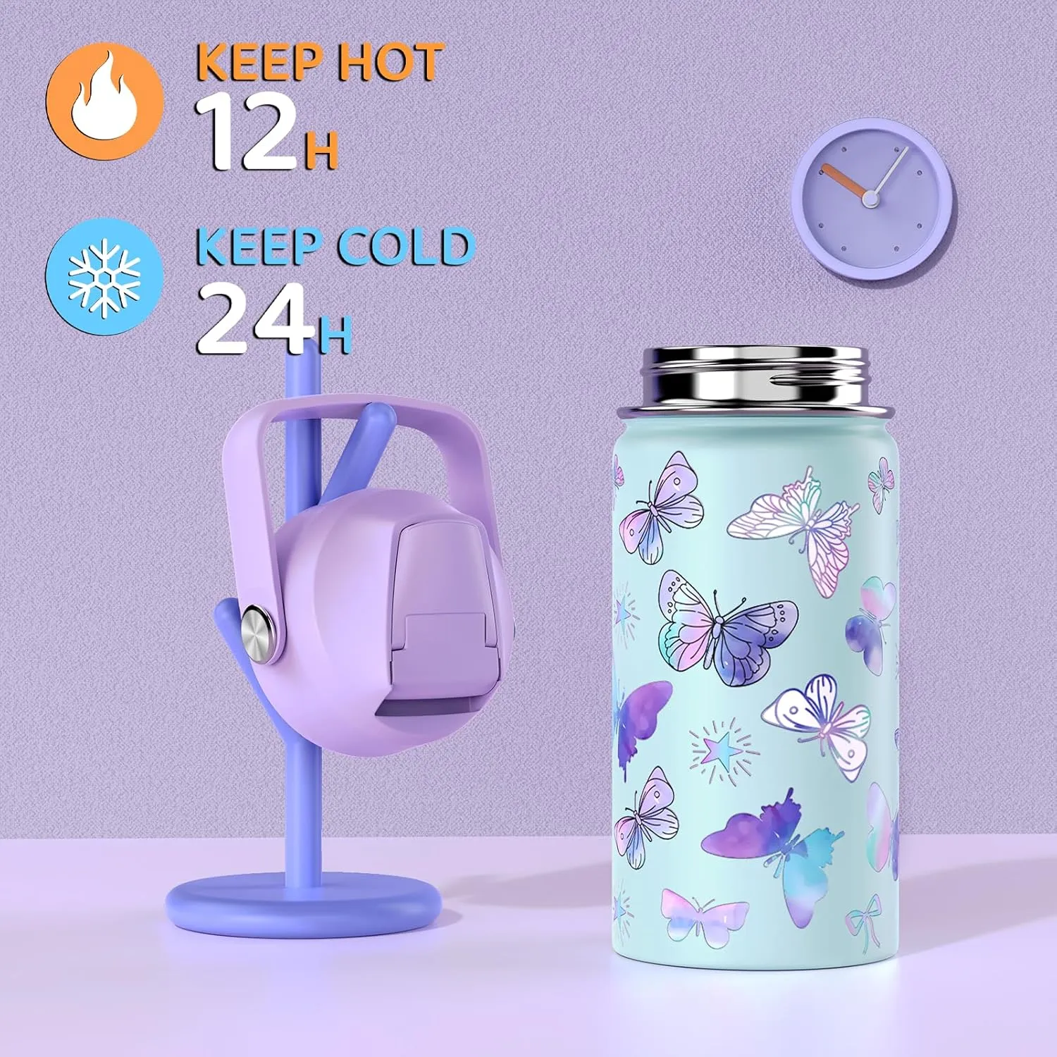 14oz Kids Insulated Water Bottle with Straw Lid - 18/8 Stainless Steel Kid Cup Travel Tumbler Double Wall Vacuum Leak Proof Portable Toddler Water Bottle (Butterfly Mermaid）