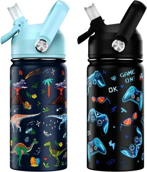 14oz Kids Insulated Water Bottle with Straw Lid - 18/8 Stainless Steel Kid Cup Travel Tumbler Double Wall Vacuum Leak Proof Portable Toddler Water Bottle (Game   Dinosaur)