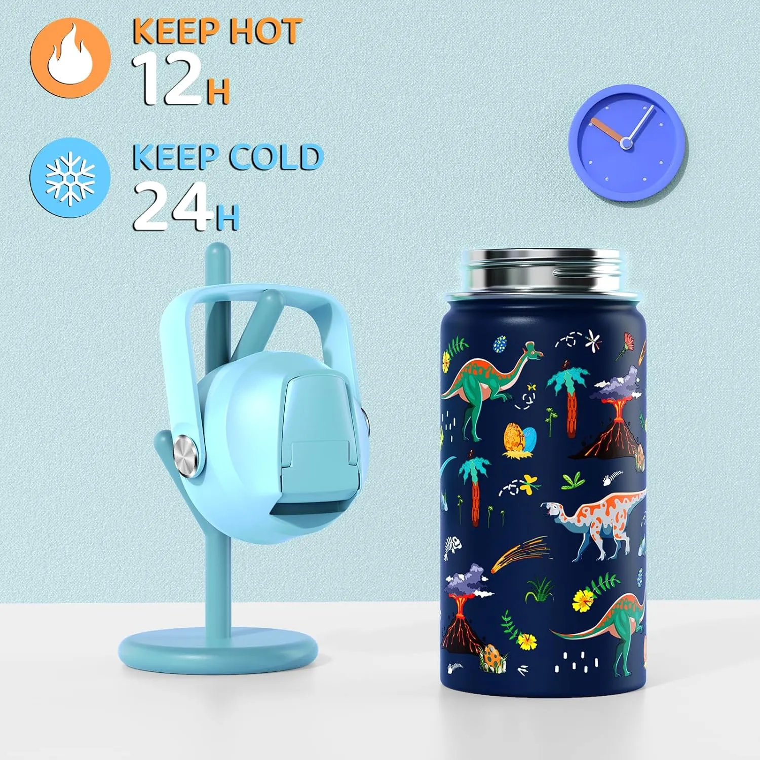 14oz Kids Insulated Water Bottle with Straw Lid - 18/8 Stainless Steel Kid Cup Travel Tumbler Double Wall Vacuum Leak Proof Portable Toddler Water Bottle (Game   Dinosaur)
