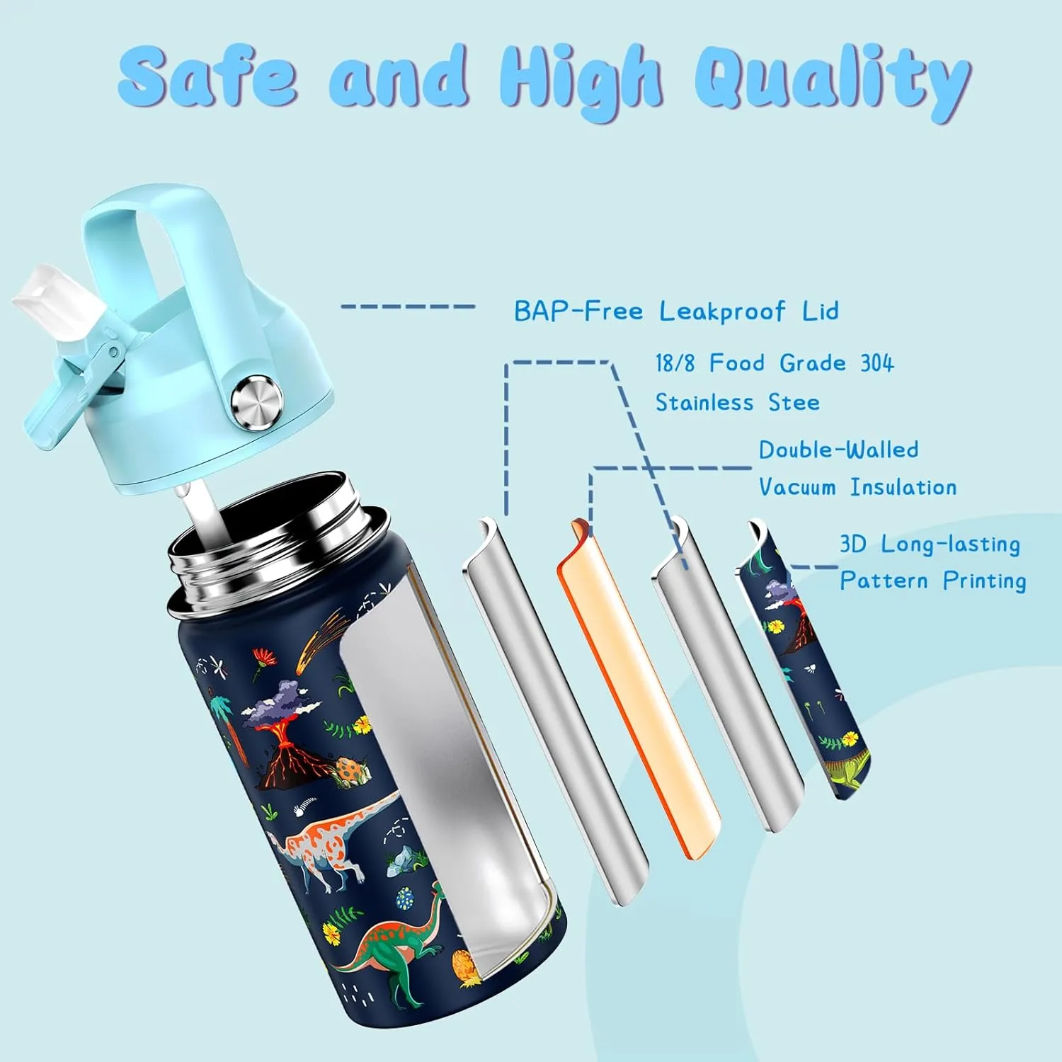14oz Kids Insulated Water Bottle with Straw Lid - 18/8 Stainless Steel Kid Cup Travel Tumbler Double Wall Vacuum Leak Proof Portable Toddler Water Bottle (Game   Dinosaur)