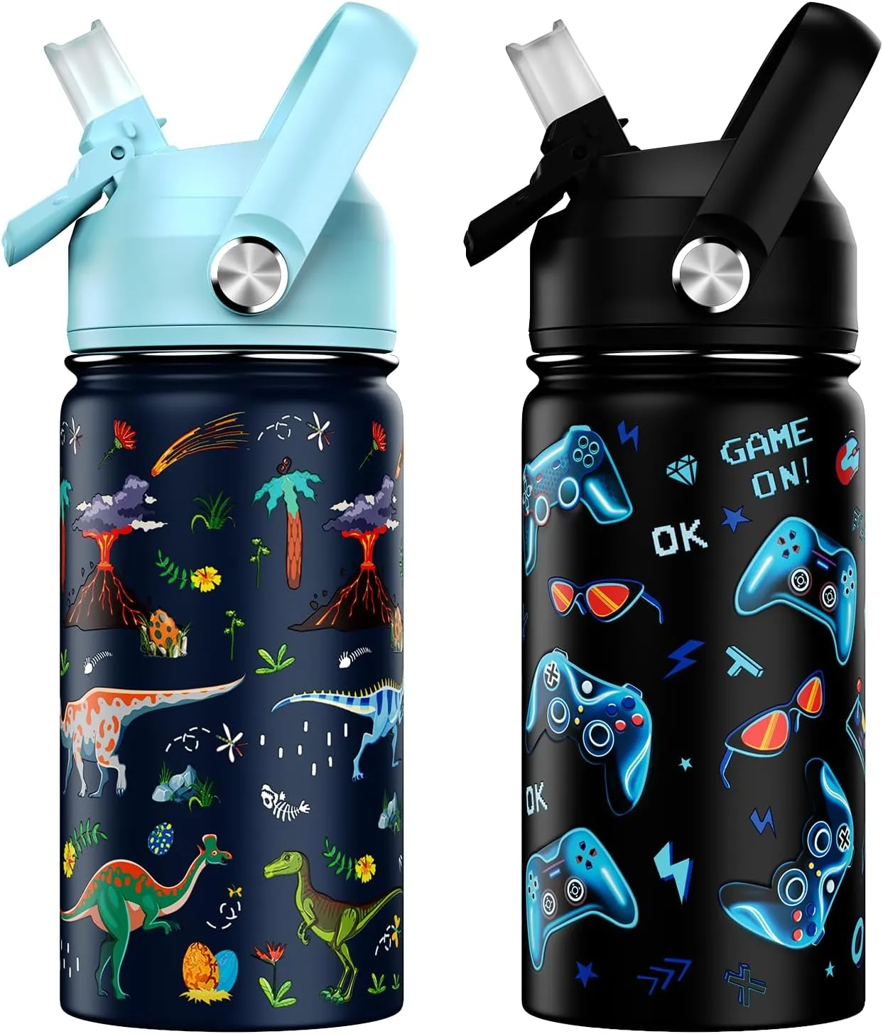 14oz Kids Insulated Water Bottle with Straw Lid - 18/8 Stainless Steel Kid Cup Travel Tumbler Double Wall Vacuum Leak Proof Portable Toddler Water Bottle (Game   Dinosaur)