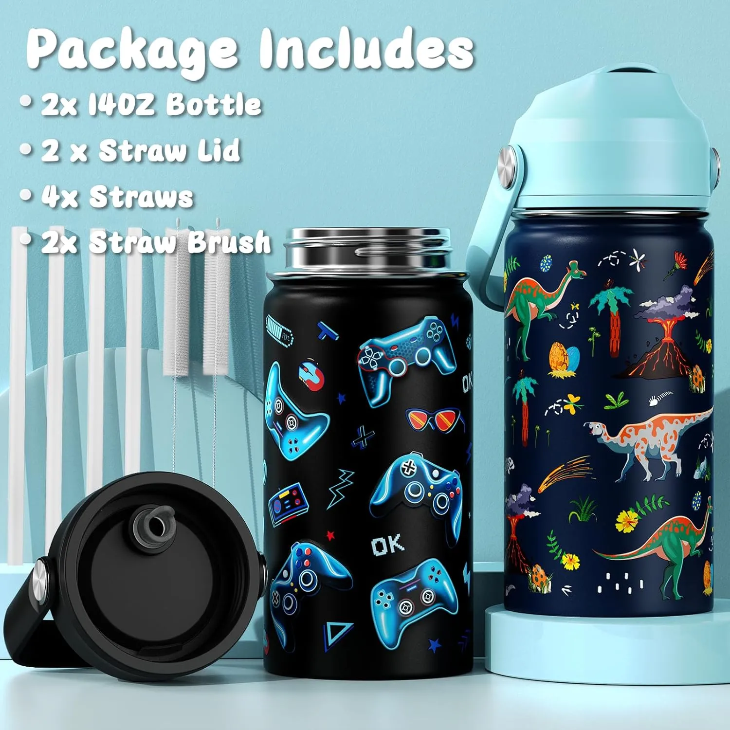 14oz Kids Insulated Water Bottle with Straw Lid - 18/8 Stainless Steel Kid Cup Travel Tumbler Double Wall Vacuum Leak Proof Portable Toddler Water Bottle (Game   Dinosaur)