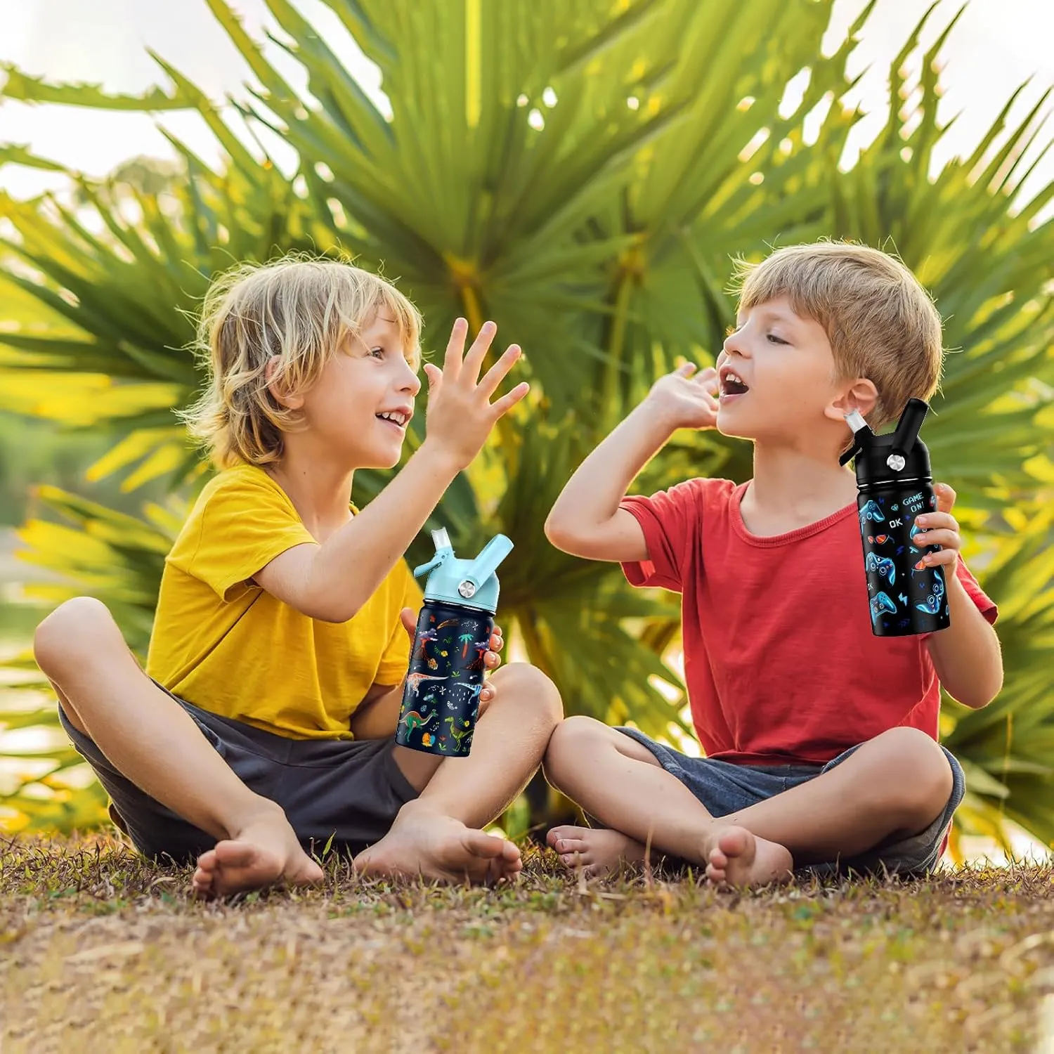 14oz Kids Insulated Water Bottle with Straw Lid - 18/8 Stainless Steel Kid Cup Travel Tumbler Double Wall Vacuum Leak Proof Portable Toddler Water Bottle (Game   Dinosaur)
