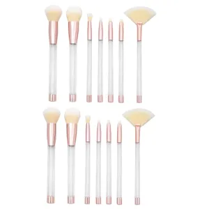 14pcs Transparent Crystal Makeup Brush Set Cosmetic Sand Brushes with Empty Handle Rose Gold Tube and White Hair for Professional Daily Use