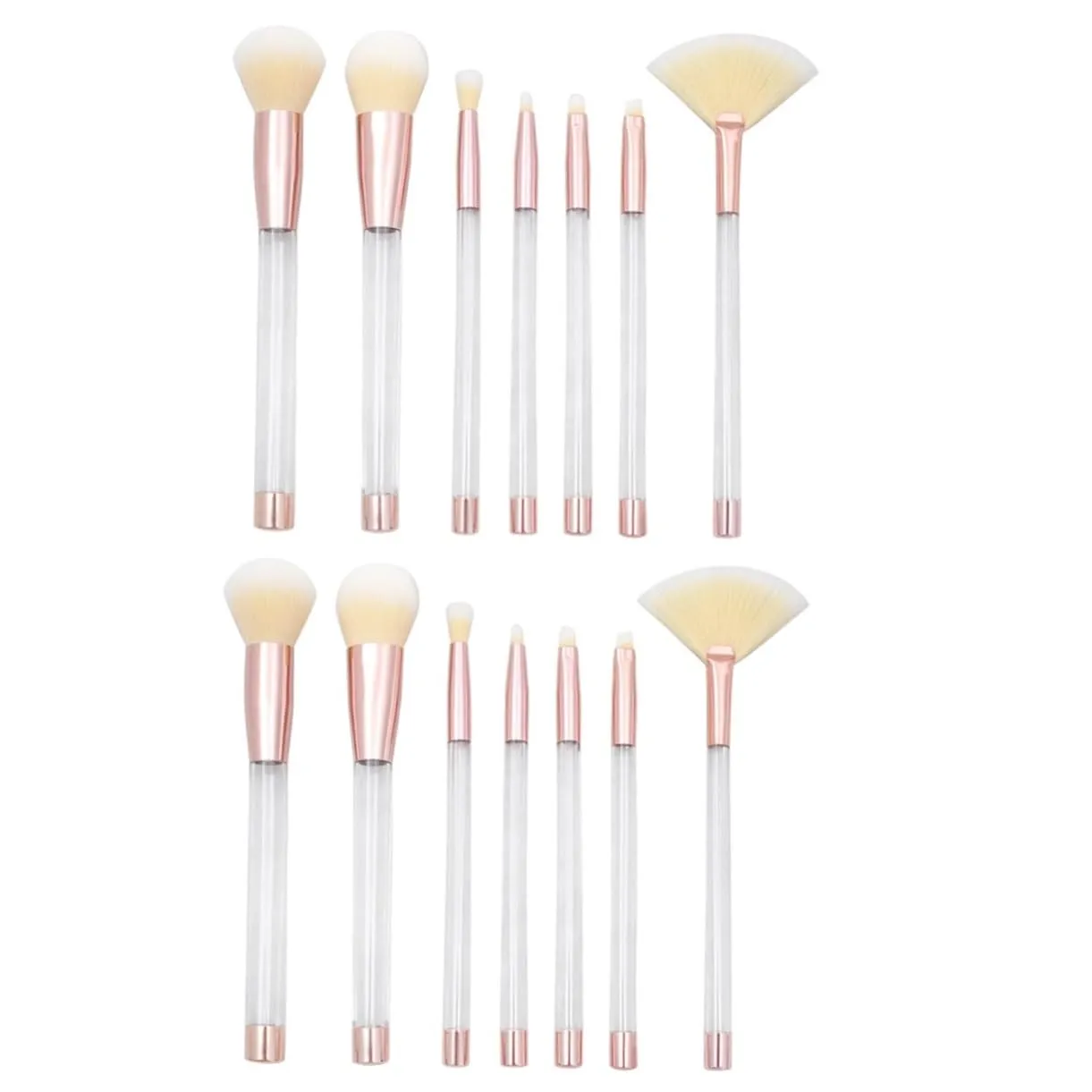 14pcs Transparent Crystal Makeup Brush Set Cosmetic Sand Brushes with Empty Handle Rose Gold Tube and White Hair for Professional Daily Use