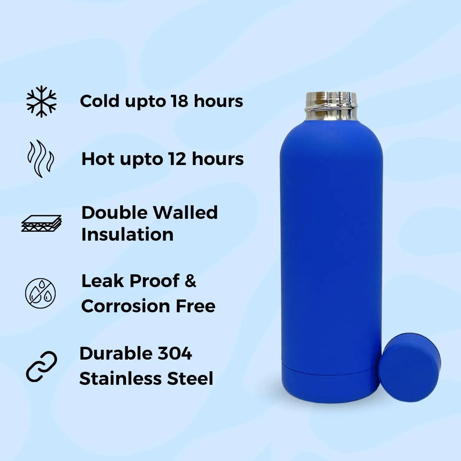 17oz Matte Finish Stainless Steel Water Bottle | Vacuum Insulated Travel Bottle | 12 hrs Hot & 18 hrs Cold | Smooth Rubber Finish Water Bottle (Dark Blue)