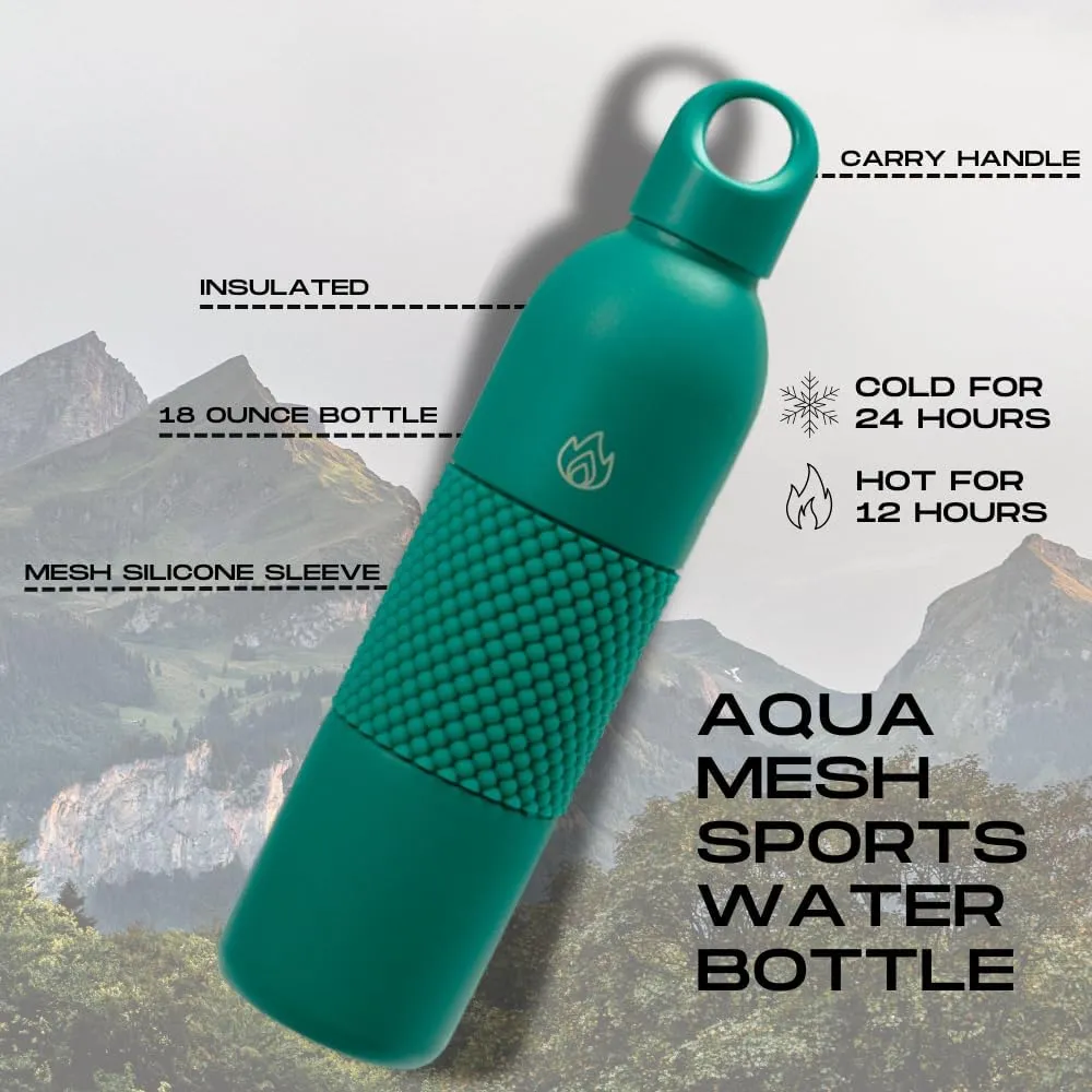18 Oz Aqua Mesh Insulated Sports Water Bottle with Screw Top Lid, Leak Proof Stainless Steel Water Bottle with Handle, Spill Proof Thermos or Water Jug for Gym, Home or Office Chug-Kelly Green