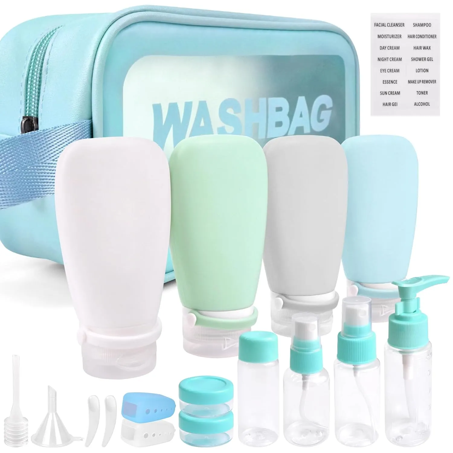 18 Pcs Travel Bottles Set for Toiletries, TSA Approved Travel Size Containers with Bandage Silicone Squeezable for Shampoo Conditioner Lotion Body Wash (Multicolour Blue Bag)
