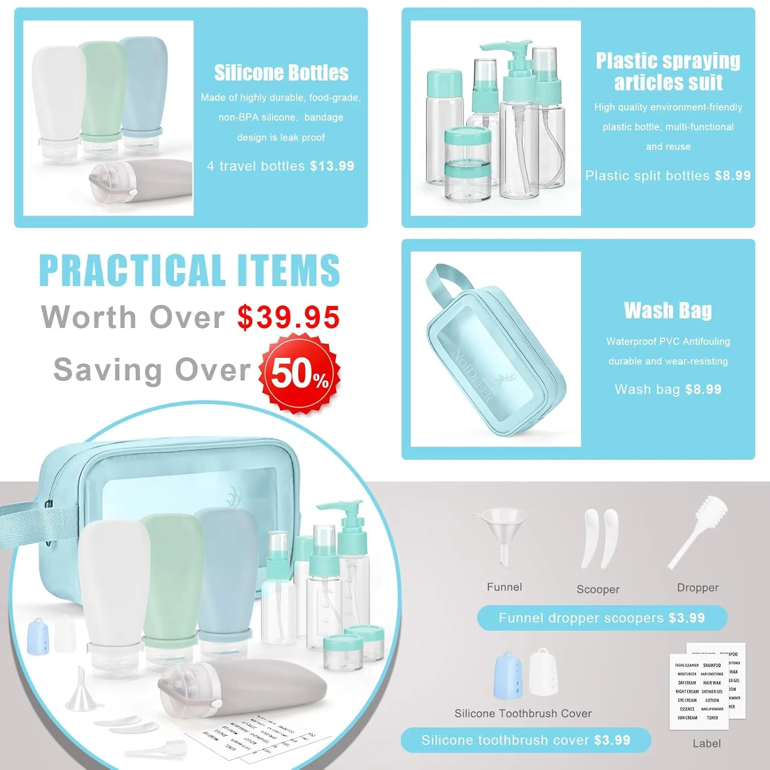 18 Pcs Travel Bottles Set for Toiletries, TSA Approved Travel Size Containers with Bandage Silicone Squeezable for Shampoo Conditioner Lotion Body Wash (Multicolour Blue Bag)