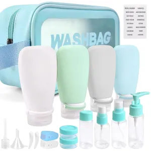18 Pcs Travel Bottles Set for Toiletries, TSA Approved Travel Size Containers with Bandage Silicone Squeezable for Shampoo Conditioner Lotion Body Wash (Multicolour Blue Bag)