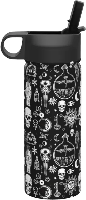 18oz Insulated Kettle - Gym Water Bottle With Straw - Large Bottle With Handle, Gothic Raven Skull Tattoo Design