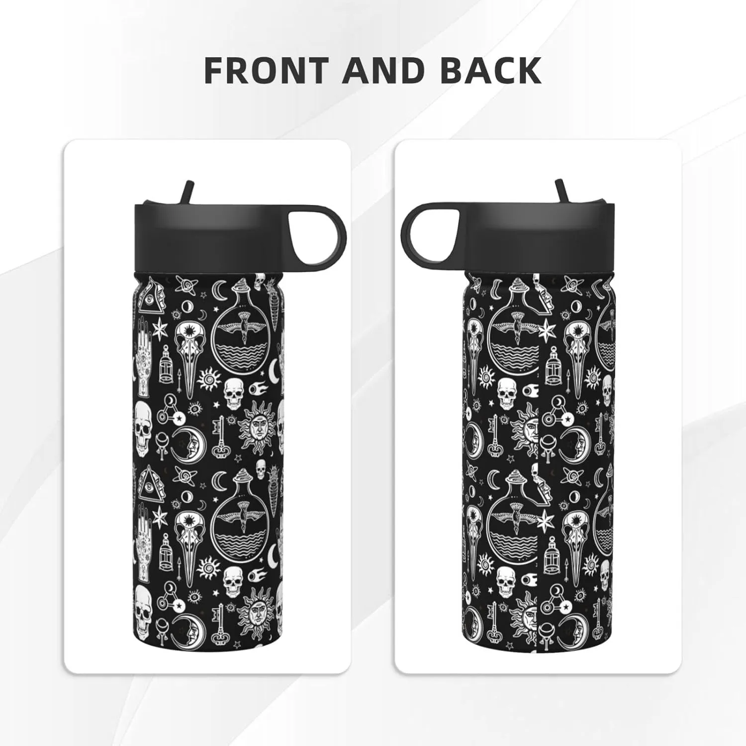 18oz Insulated Kettle - Gym Water Bottle With Straw - Large Bottle With Handle, Gothic Raven Skull Tattoo Design