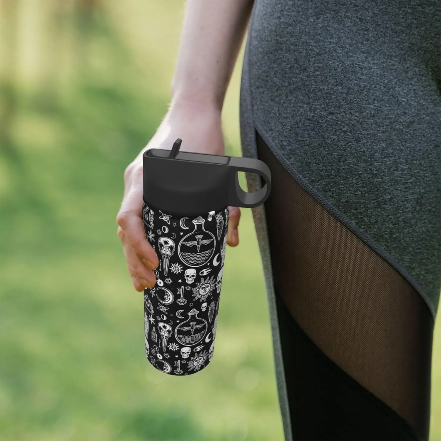 18oz Insulated Kettle - Gym Water Bottle With Straw - Large Bottle With Handle, Gothic Raven Skull Tattoo Design