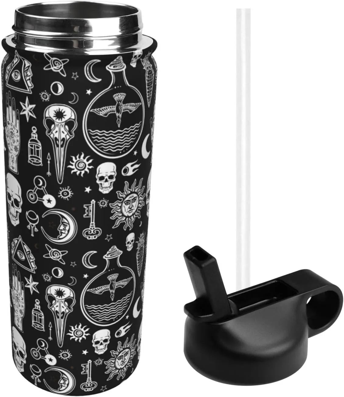 18oz Insulated Kettle - Gym Water Bottle With Straw - Large Bottle With Handle, Gothic Raven Skull Tattoo Design