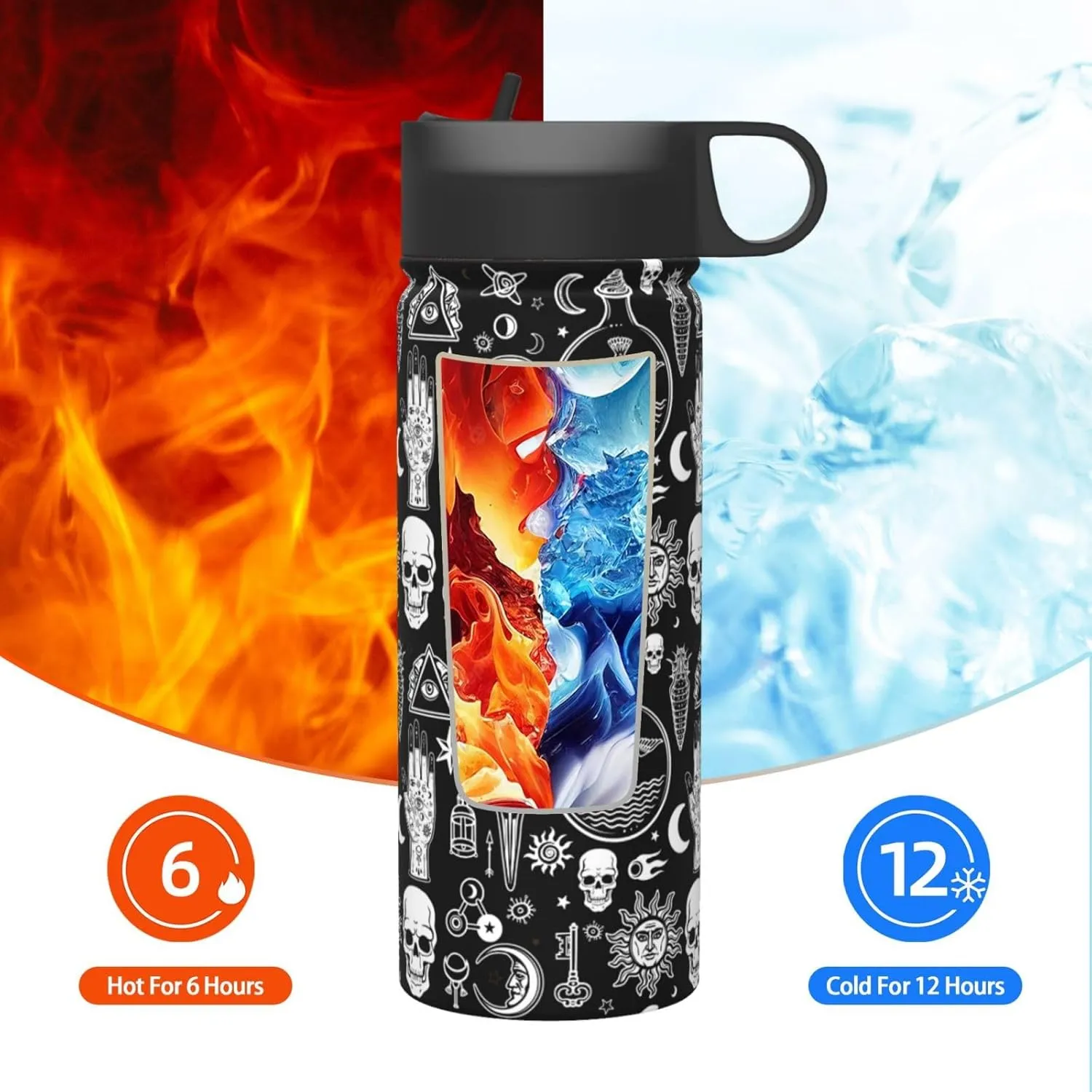 18oz Insulated Kettle - Gym Water Bottle With Straw - Large Bottle With Handle, Gothic Raven Skull Tattoo Design