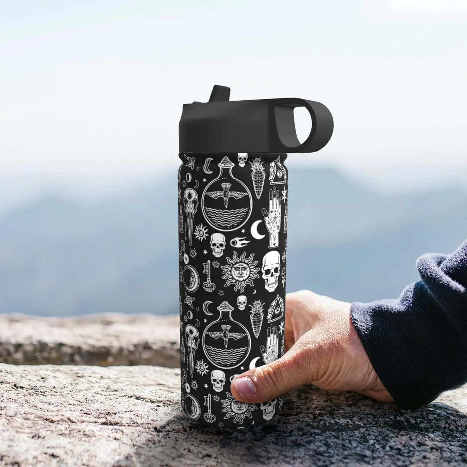 18oz Insulated Kettle - Gym Water Bottle With Straw - Large Bottle With Handle, Gothic Raven Skull Tattoo Design