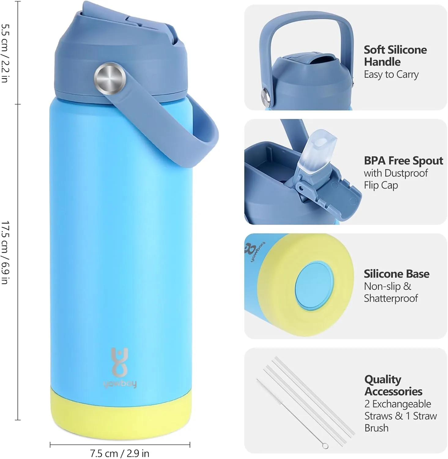 18oz Kids Insulated Water Bottle with Straw Lid & Silicone Handle,Kids Leak Proof Water Bottle for School Boys Girls,Double Wall Vacuum Stainless Steel with Non-slip Silicone Base(Blue)