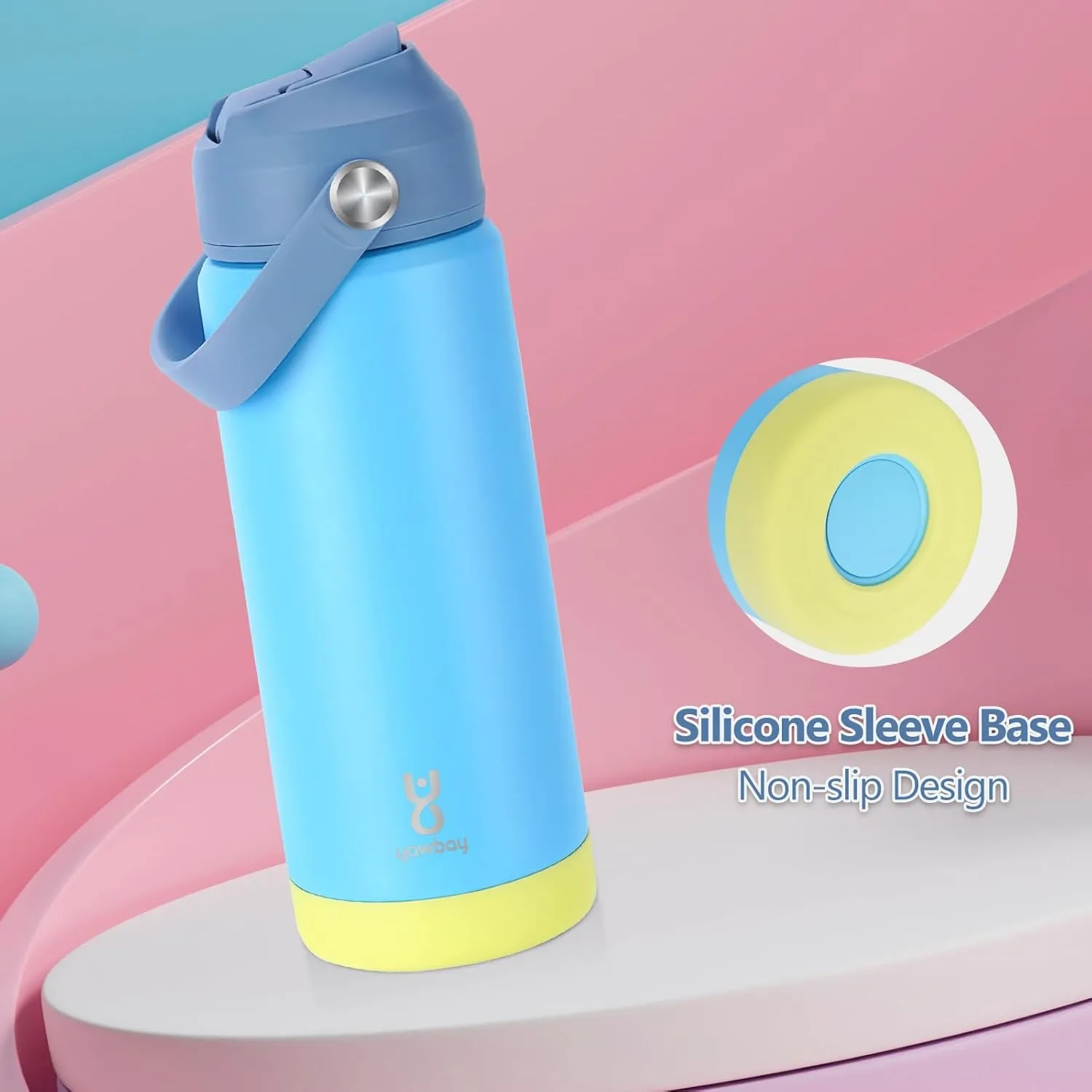 18oz Kids Insulated Water Bottle with Straw Lid & Silicone Handle,Kids Leak Proof Water Bottle for School Boys Girls,Double Wall Vacuum Stainless Steel with Non-slip Silicone Base(Blue)