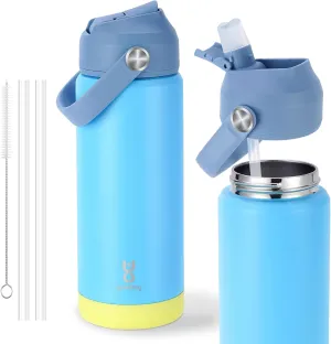 18oz Kids Insulated Water Bottle with Straw Lid & Silicone Handle,Kids Leak Proof Water Bottle for School Boys Girls,Double Wall Vacuum Stainless Steel with Non-slip Silicone Base(Blue)