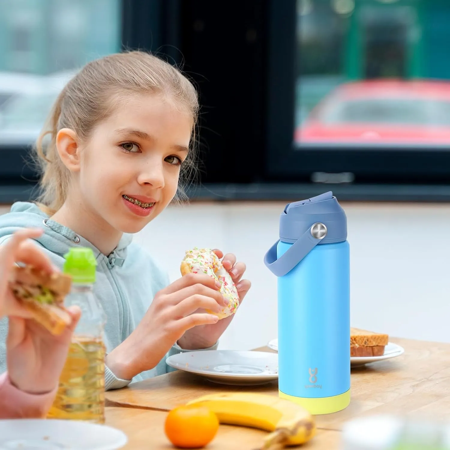 18oz Kids Insulated Water Bottle with Straw Lid & Silicone Handle,Kids Leak Proof Water Bottle for School Boys Girls,Double Wall Vacuum Stainless Steel with Non-slip Silicone Base(Blue)