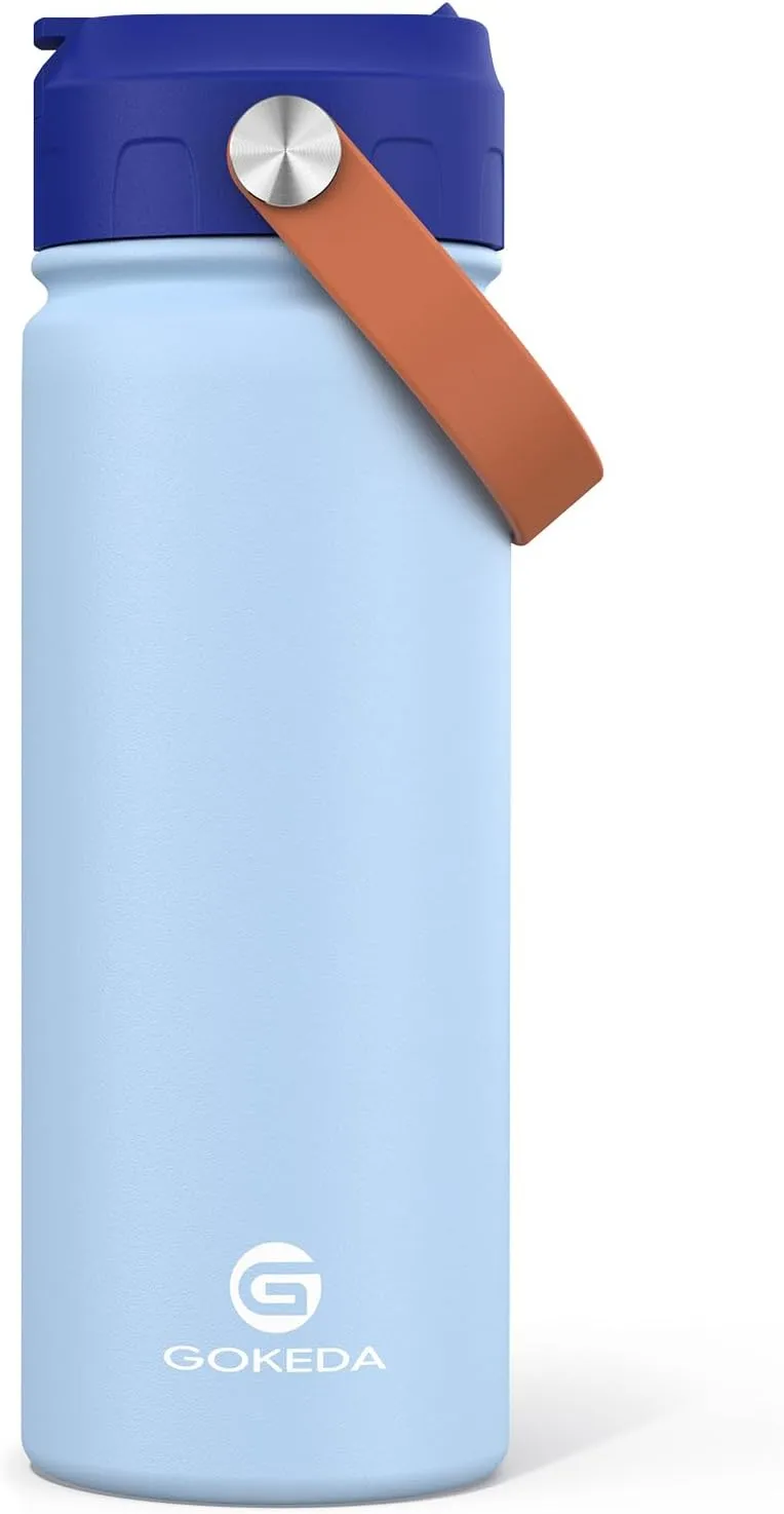 18oz Kids Water Bottle, Insulated Water Bottles with Stickers, 18/8 Stainless Steel Vacuum Leak Proof Straw Cup for School, Gifts for Boys(Light Blue)