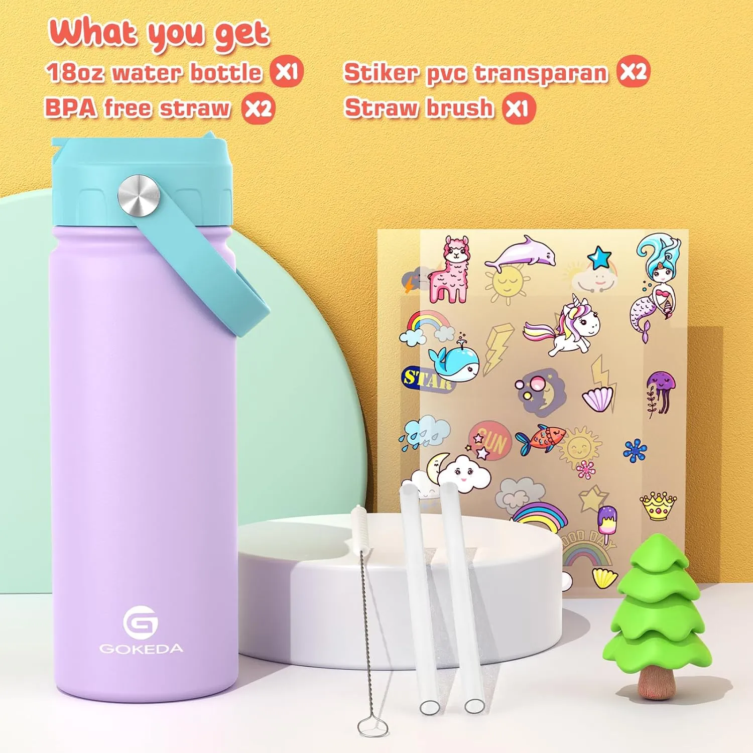 18oz Kids Water Bottle, Insulated Water Bottles with Stickers, 18/8 Stainless Steel Vacuum Leak Proof Straw Cup for School, Gifts for Girls(Purple)