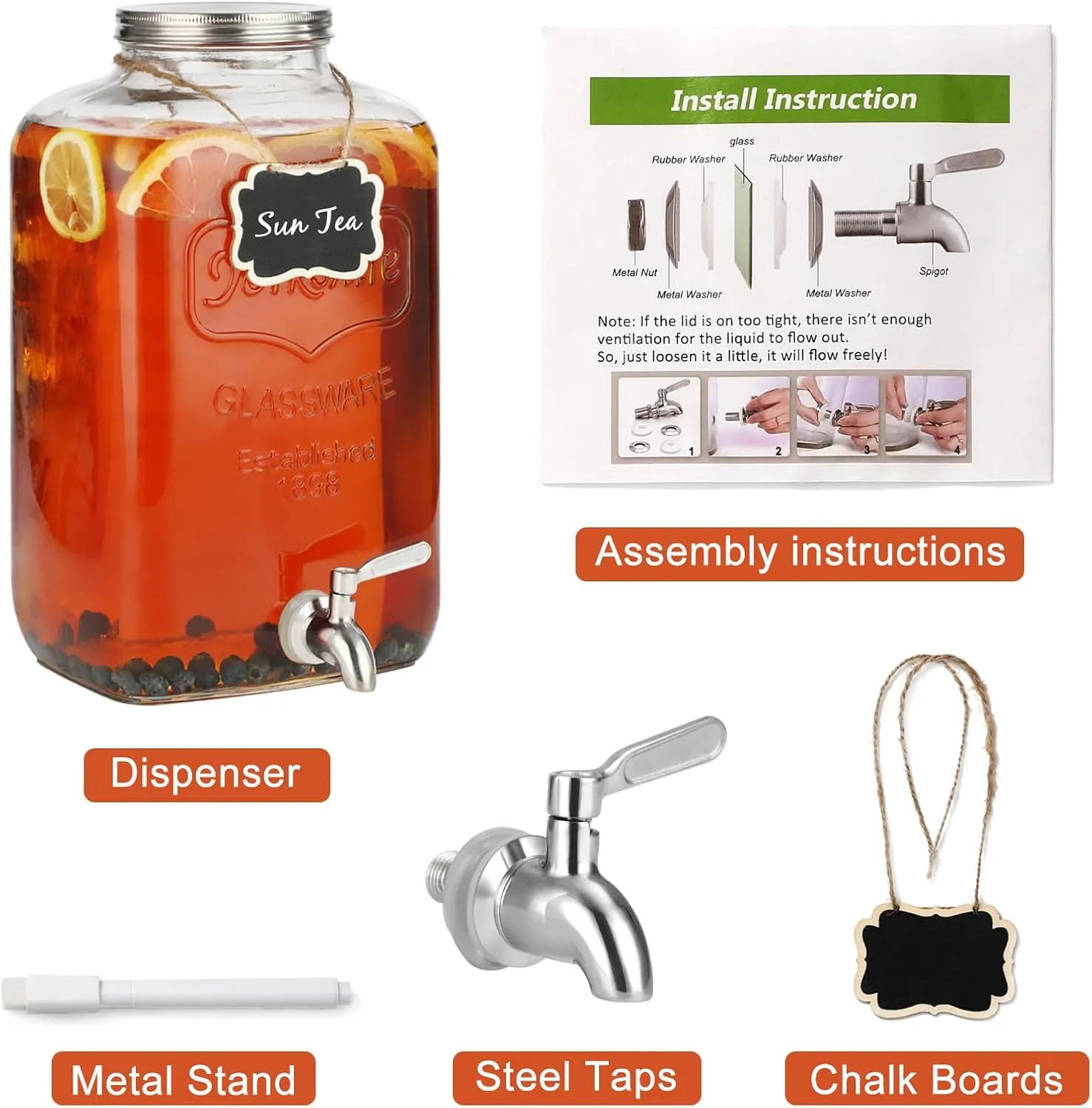 2 Gallon Glass Beverage Dispenser, Stainless Steel Leakproof Spigot and Lid, Glass Drink Dispensers for Parties, Water Beverage Dispenser Liquid Laundry Detergent Dispenser