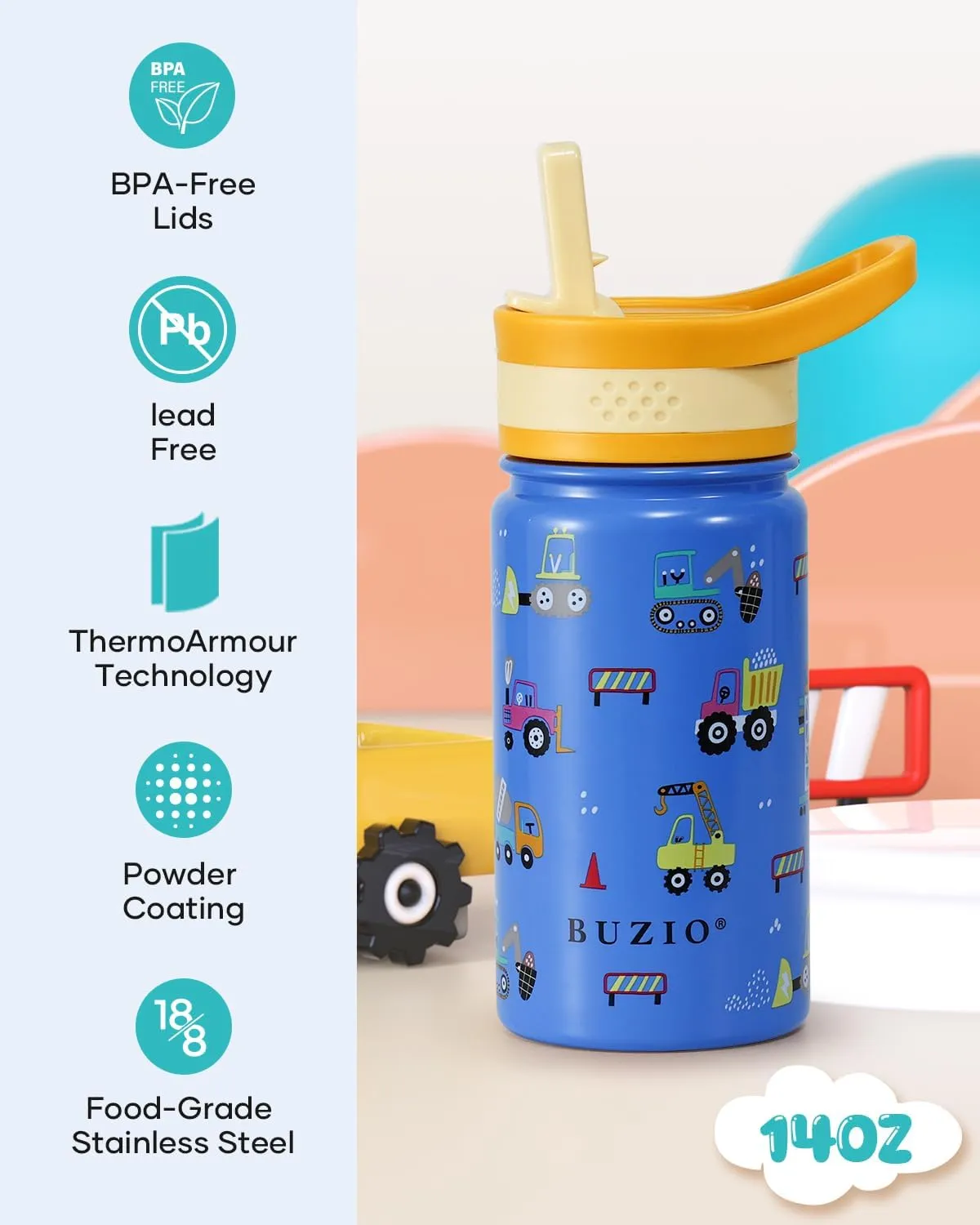 2 Pack Insulated Kids Water Bottle, BUZIO 14oz Stainless Steel Water Bottles with Tritan Straw Lid, BPA-FREE Lead-Free Double Wall Leak Proof Drink Cups Flask for School (Blue Car  Blue Dinosaur)