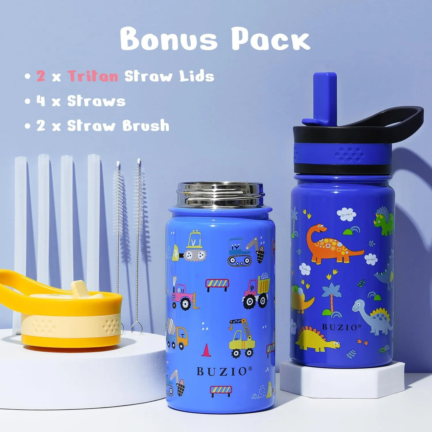 2 Pack Insulated Kids Water Bottle, BUZIO 14oz Stainless Steel Water Bottles with Tritan Straw Lid, BPA-FREE Lead-Free Double Wall Leak Proof Drink Cups Flask for School (Blue Car  Blue Dinosaur)