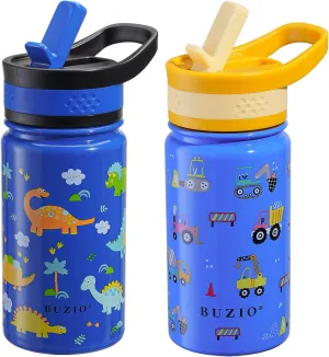 2 Pack Insulated Kids Water Bottle, BUZIO 14oz Stainless Steel Water Bottles with Tritan Straw Lid, BPA-FREE Lead-Free Double Wall Leak Proof Drink Cups Flask for School (Blue Car  Blue Dinosaur)