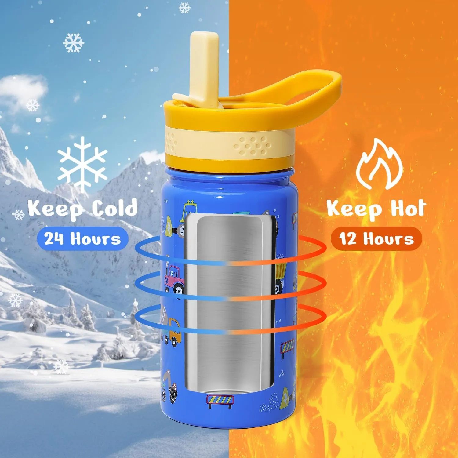 2 Pack Insulated Kids Water Bottle, BUZIO 14oz Stainless Steel Water Bottles with Tritan Straw Lid, BPA-FREE Lead-Free Double Wall Leak Proof Drink Cups Flask for School (Blue Car  Blue Dinosaur)